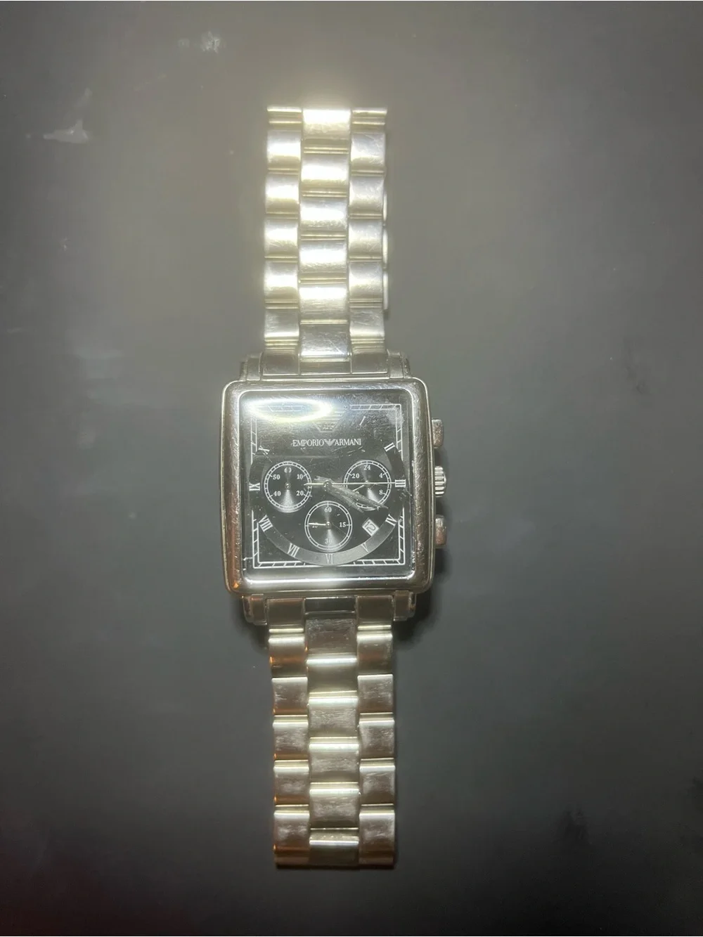 Emporio Armani Silver Bracelet Watch with Black Square Dial